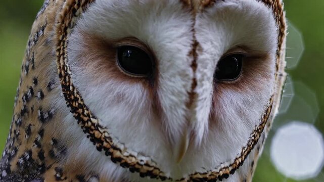 Close-up video of an owl's face, capturing intricate feather details and expressive eyes. Shot from a frontal angle, emphasizing its natural beauty. Live desktop wallpaper.