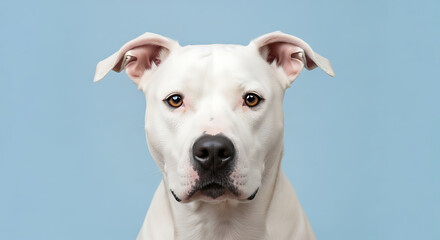 Obraz premium Close up portrait of a white dog on blue
