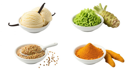 Ice cream vanilla with vanilla bean wasabi mustard seeds turmeric transparent background