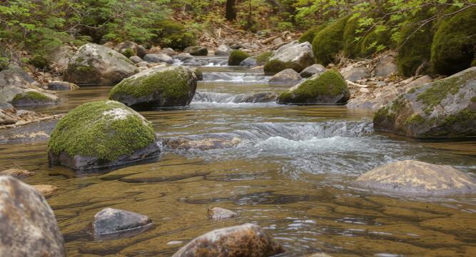 Smooth river stones in clear shallow water, detailed reflections on the waterbed, natural elements, tranquil setting, close-up