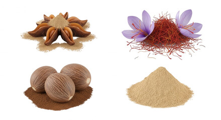 Spice variety display nutmeg saffron star anise fresh herbs transparent background