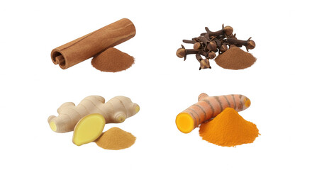 Spices collection cinnamon cloves ginger turmeric transparent background