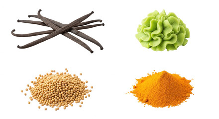 Vanilla beans wasabi mustard seeds and turmeric powder isolated ingredients transparent background