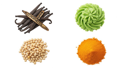 Vanilla beans wasabi soybeans and turmeric culinary ingredients transparent background