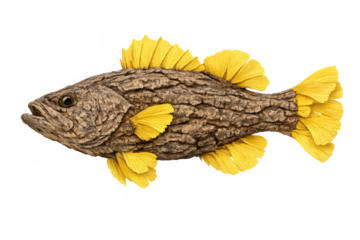 Fish body creating with natural bark texture and yellow autumn leaves as fins, representing nature fusion concept, transparent background