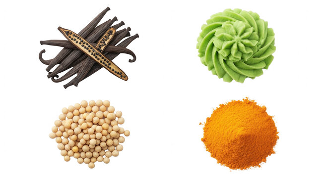 Vanilla beans wasabi soybeans and turmeric culinary ingredients transparent background