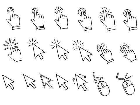 Various cursor and hand icons isolated on transparent background