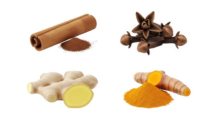 Variety of spices arrangement cinnamon cloves turmeric and ginger food photography