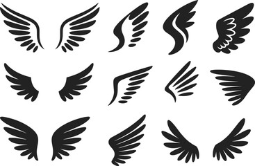 Obraz premium Angel wings silhouettes set, black vector illustration of bird wings symbols, tattoo and logo design elements, isolated minimalist graphic collection on white