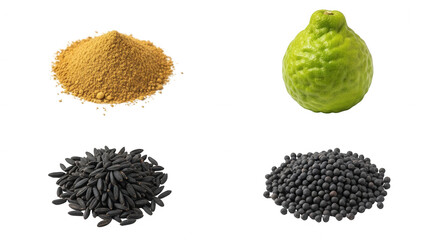 Variety of spices berries and citrus fruit isolated on transparent background