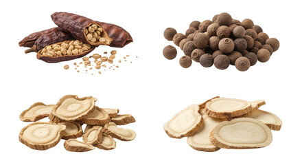 Variety of spices cacao pods allspice berries and sliced roots transparent background