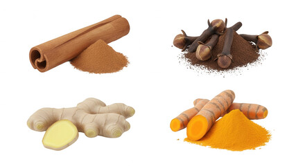 Variety of spices cinnamon stick ground cinnamon cloves turmeric ginger transparent background