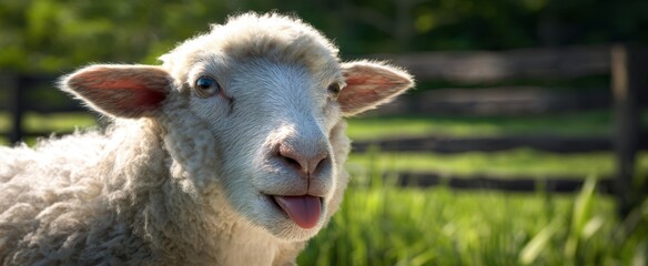 Naklejka premium The Sheep Sticking Out Its Tongue in a Sunny Pasture Closeup Portrait