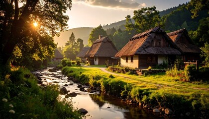 Idyllic village scene featuring thatched-roof cottages and a river