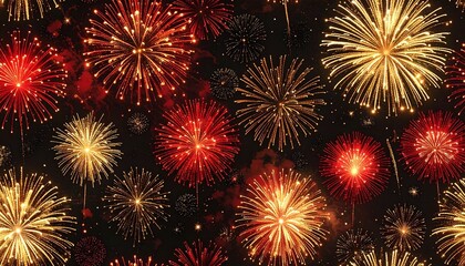 Golden and Red Fireworks Exploding in Night Sky