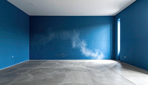 Empty room with freshly painted blue walls and concrete floor, ready for renovation.