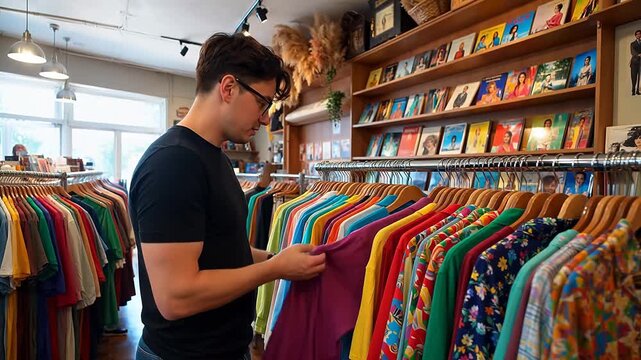 Man shopping for colorful shirts in a store