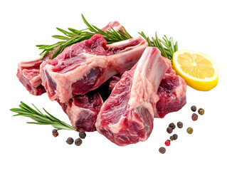 Fresh raw lamb ribs with rosemary sprigs lemon slice and peppercorns for cooking preparation isolated on transparent background