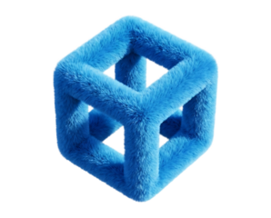 Blue furry hollow cube geometric shape with soft hair texture 3d illustration design isolated on transparent background