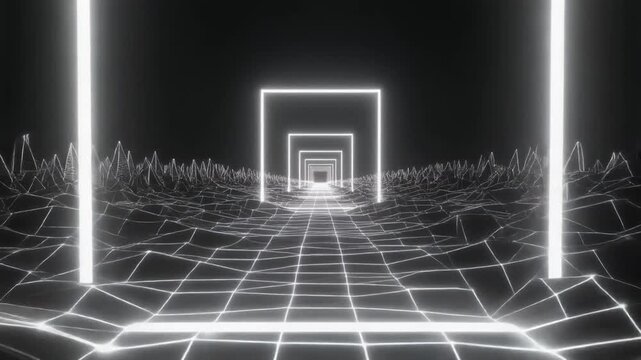 Futuristic wireframe terrain of white grid lines with glowing rectangular portals in tunnel perspective on dark background.
