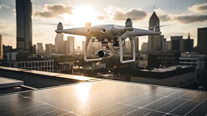 Drone flying over modern city skyline at sunset with futuristic digital map projection on rooftop