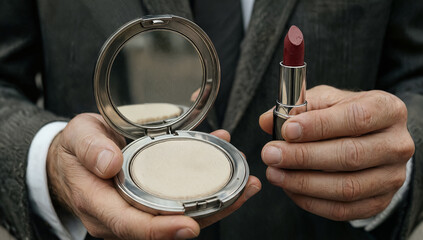 Man&rsquo;s hands holding compact powder and lipstick, gender fluidity and modern beauty concept