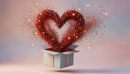 Sparkling red heart bursting from open gift box on pastel background