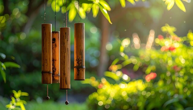 A serene outdoor setting featuring a bamboo wind chime hanging from a tree amidst lush greenery and sunlight
