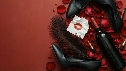 Romantic flat lay with wine, lipstick-marked paper and black heels on red petals