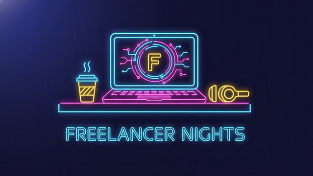 Vibrant neon illustration of a laptop, coffee, and headphones for late-night freelancing sessions