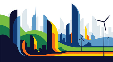 Sustainable cityscape with wind turbines and green hills modern skyscrapers in background eco friendly urban landscape