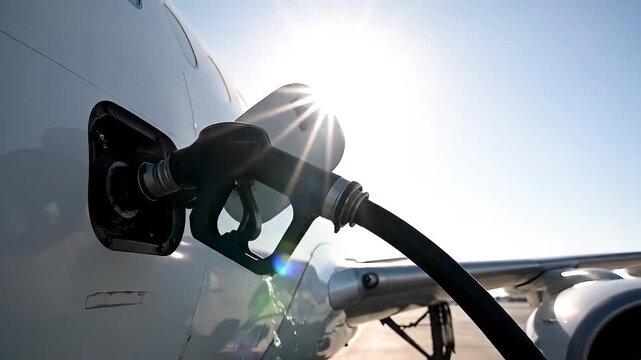 Fueling Airplane Jet Engine Refueling Process Aviation Fueling Nozzle Close Up Sunlight