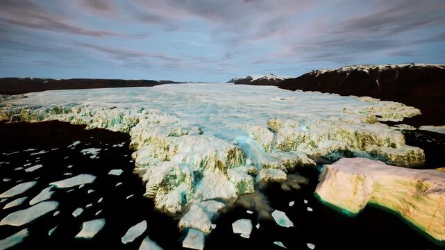 remote icefield under moody twilight sky inspiring solitude and contemplation, silent floes drifting toward distant coastline, minimal color palette and still