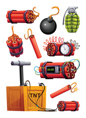 Various explosive weapons including dynamite bundles, tnt box, grenade and bomb. Vector cartoon illustration