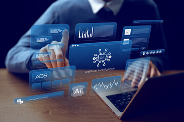 Working with technology and artificial intelligence data on a laptop display