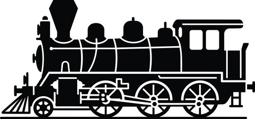 Minimal vector silhouette, vintage steam locomotive with large smokestack and multiple wheels, side view, solid black, clean bold shapes, isolated on white background.