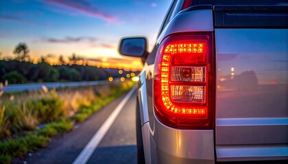 A silver car drives down a road at sunset