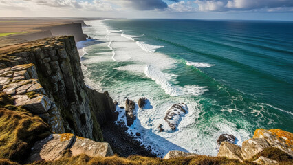 Dramatic coastal cliffs meet the turquoise ocean with rolling waves crashing below