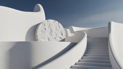 Abstract white architecture with circular stone element against blue sky