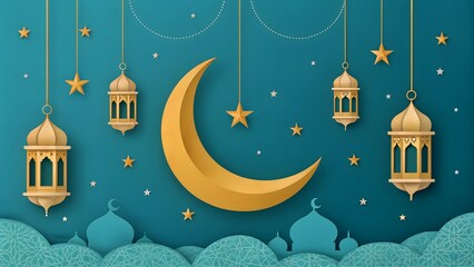 Golden Crescent Moon and Lanterns Islamic Festive Background