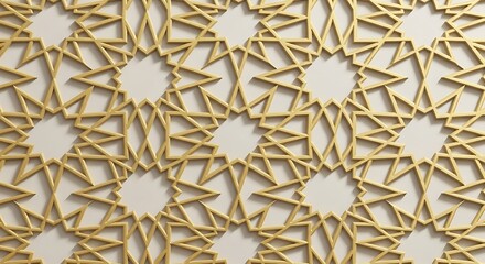 Obraz premium Golden intricate geometric pattern with star shapes, inspired by traditional Islamic art and architecture, creating a decorative and elegant background.