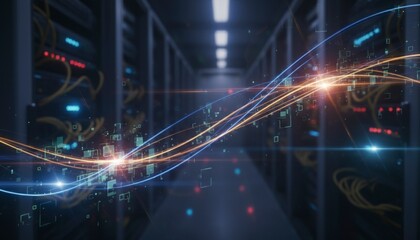Abstract digital data streams flowing through a modern dark server room.