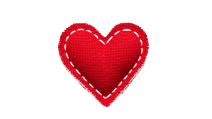 A red fabric heart shape with white stitching is displayed against a white backdrop.