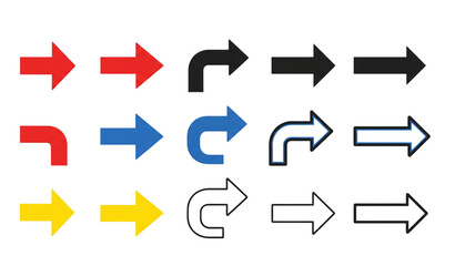 Bold directional arrow icon set in red black blue yellow and white isolated on transparent background
