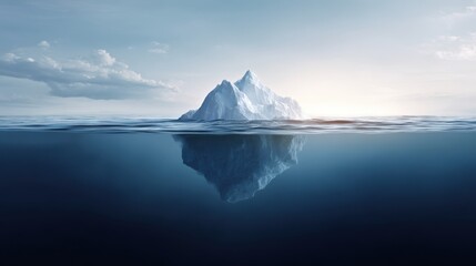 Majestic iceberg floating serenely in calm reflective ocean waters under soft sky