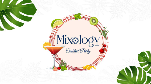 Modern mixology logo with cocktail glass and fresh fruit elements, ideal for bar branding, events, menus, and promotions.