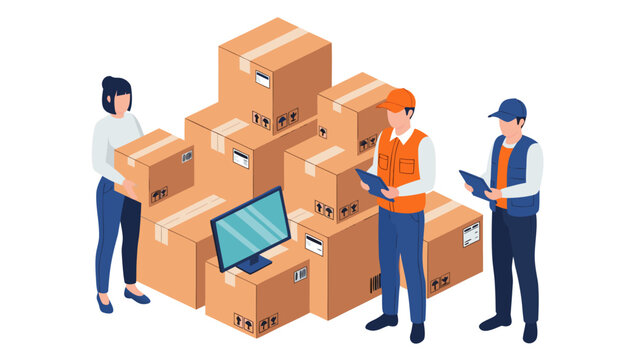 Isometric vector illustration of people with boxes and a monitor, symbolizing logistics and delivery services