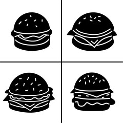 Fototapeta premium A set of four black burger icons, displayed in various shapes and styles. Simple flat silhouette design. Stock vector.