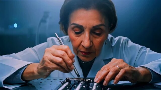 elderly woman repairing circuit board under cool workshop light using fine tweezers and soldering iron to adjust microelectronics components on metal bench, focused expression, steady hands,