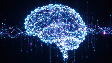 Abstract glowing digital brain network with data streams and waveforms on a dark background